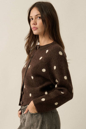 Polka Dot Jacquard-Knit Button-Up Crew-Neck Cropped Cardigan