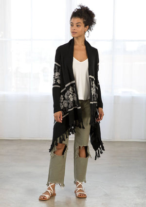 Western Floral Knit Fringe Trim Cardigan