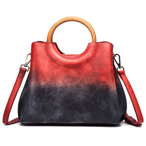 Gradient Leather Handbag with Wooden Handle and Strap