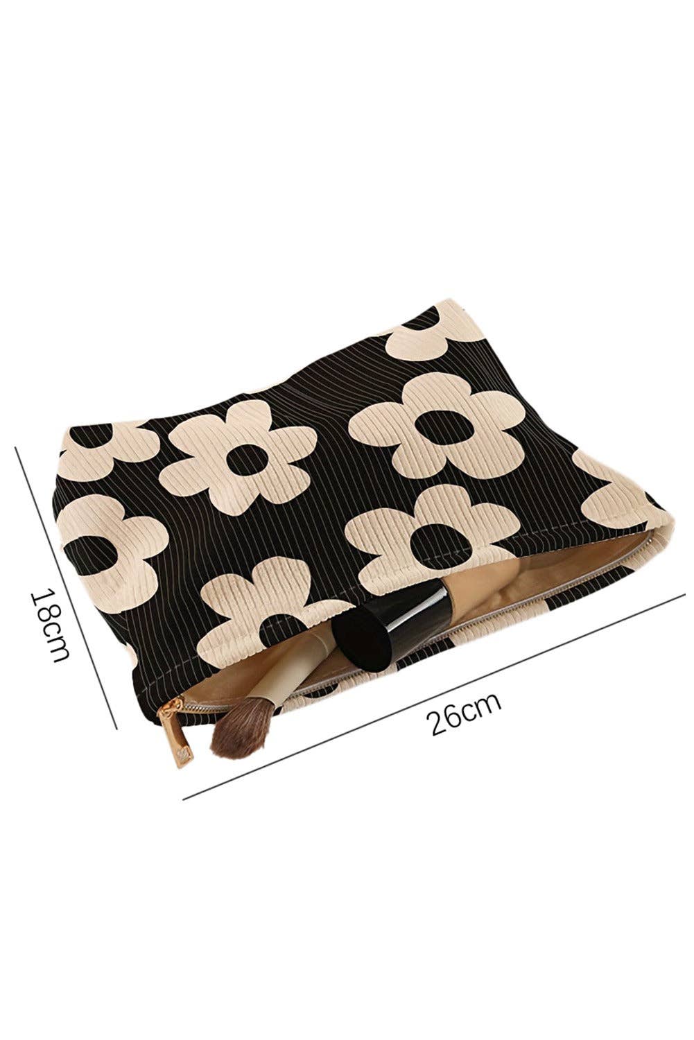 Black Flower Printed Rib Textured Cosmetic Bag