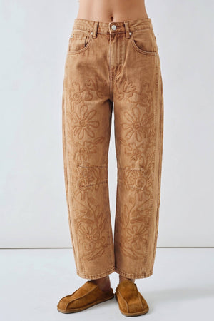 EMBROIDERED DETAIL COTTON BARREL PANTS