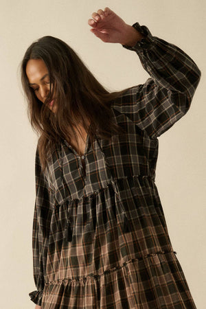 Ombre Plaid Flannel Tiered Ruffle Midi Dress