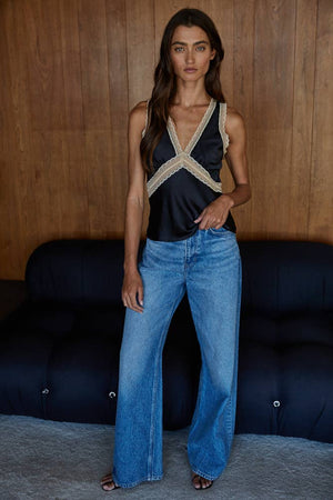 Woven Satin Contrast Lace Trim Detail Sleeveless Top