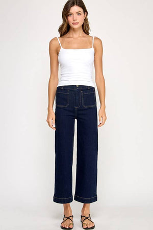 High Waist Cropped Wide Leg Jeans (Dark Denim)