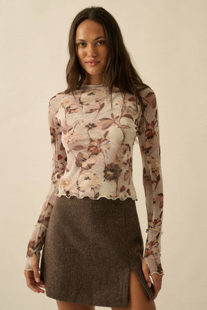 Floral Mesh Raglan-Sleeve Mock-Neck Thumbhole Top