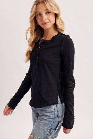 Crochet Patch Sleeve Half-Button Top