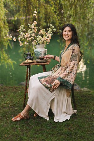 Fable Matinée Duster Kimono w/ Deer and Moon, mid-length