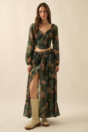 Floral-Print Drawstring Button-Front Maxi Skirt