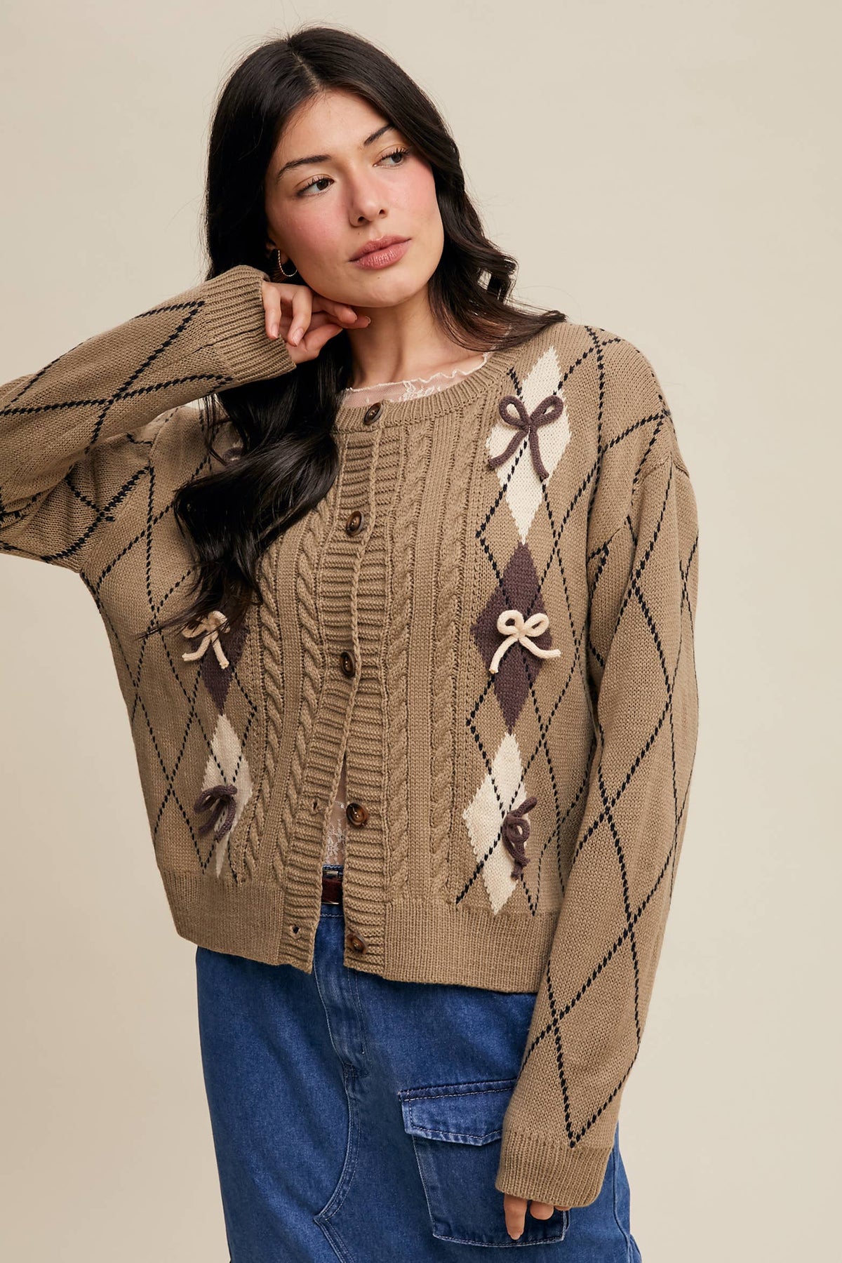 Argyle Bow Detail Knit Cardigan