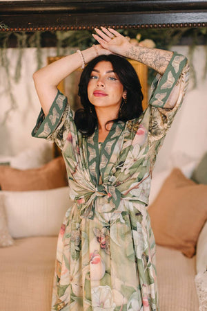 Fleur De Soleil Pixie Crop Kimono w/ Florals & Butterfly