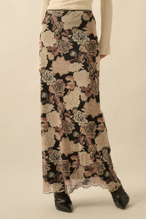 Floral-Print Mesh Fitted Maxi Skirt