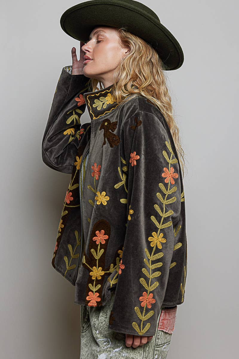 Floral Vine Embroidered Velvet Jacket – Charcoal