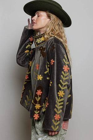 Floral Vine Embroidered Velvet Jacket – Charcoal