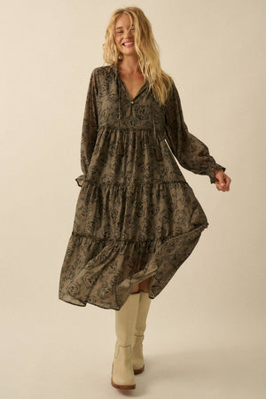 Floral Tiered Ruffle Bubble-Sleeve Midi Dress
