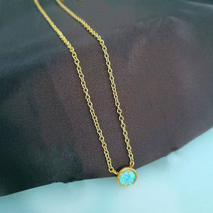 Small Round Opal Cabochon Charm Necklace in Stainless Steel