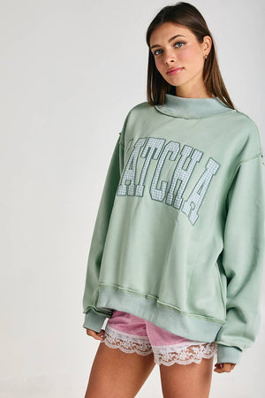 Embroidered "MATCHA" Mock Neck Sweatshirt
