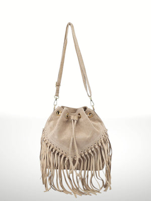 Emanuela Suede Leather Fringe Bag - Gray