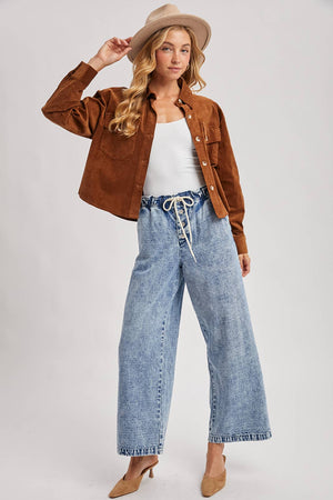 CORDUROY CROPPED BUTTON DOWN SHIRT JACKET