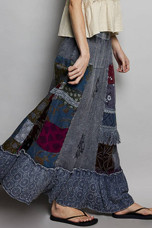 Print Patch Vintage Washing Ruffle Long Skirt