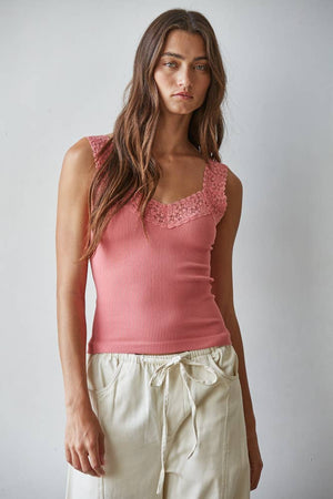 Knit Seamless Ribbed Tank Top with Lace Trim