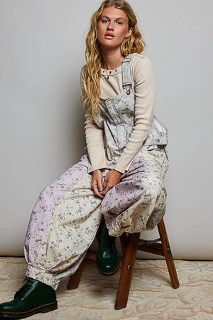 Boho Floral Lace-Trim Front-Zip Overalls
