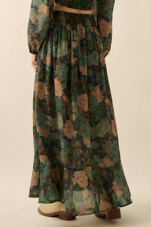Floral-Print Drawstring Button-Front Maxi Skirt