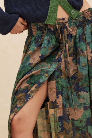 Floral-Print Drawstring Button-Front Maxi Skirt