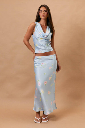 SLEEVELESS COWL NECK FLORAL BIAS TOP