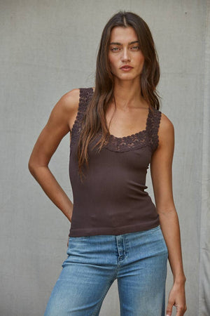 Knit Seamless Ribbed Tank Top with Lace Trim