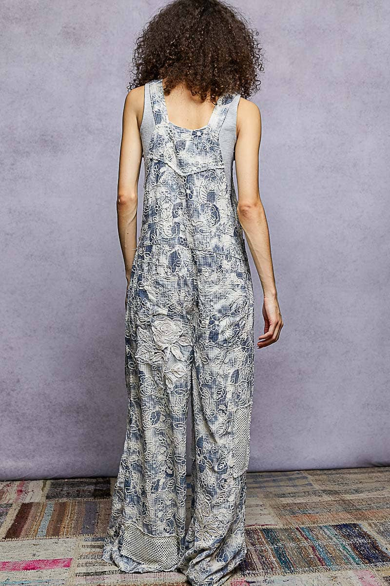 Floral Embroidered Woven Overalls with Crochet Mesh Patches