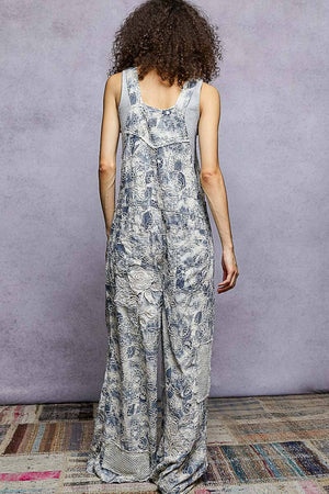 Floral Embroidered Woven Overalls with Crochet Mesh Patches