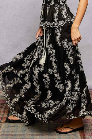Embroidered Viscose Smocked Waistband Maxi Skirt