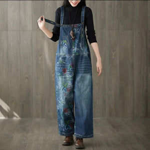 Floral Bleached Denim Overall Jeans