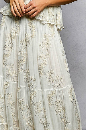 Embroidered Viscose Smocked Waistband Maxi Skirt