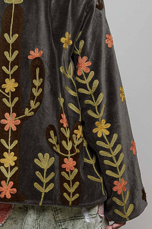 Floral Vine Embroidered Velvet Jacket – Charcoal