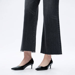 Dark Grey Washed Denim Mid Rise Wide Leg Jeans with Raw Hem
