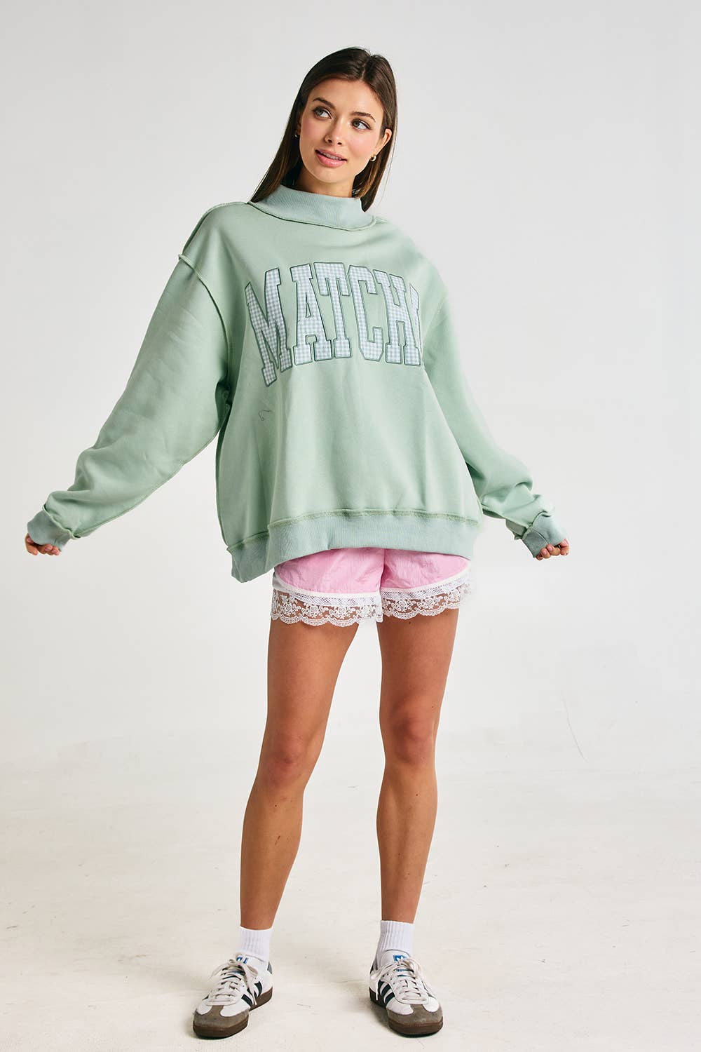 Embroidered "MATCHA" Mock Neck Sweatshirt