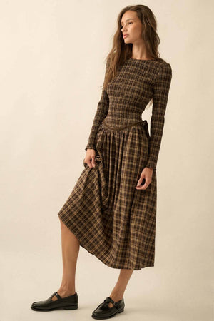 Plaid Long-Sleeve Smocked Drop-Waist Midi Dress