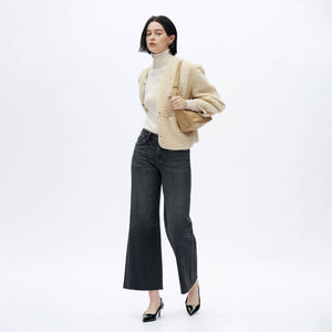 Dark Grey Washed Denim Mid Rise Wide Leg Jeans with Raw Hem