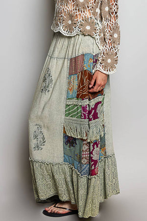 Print Patch Vintage Washing Ruffle Long Skirt