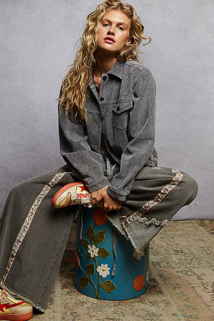 Pocket front button down distressed hem corduroy jacket