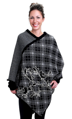 Recycled Cotton Sweater Knit Pullover Poncho - Plaid Birds