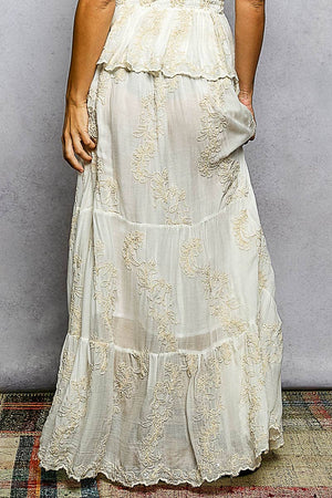 Embroidered Viscose Smocked Waistband Maxi Skirt