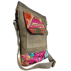 Recycled Tent Crossbody with Vintage Fabric Accented Pocket - No. 3