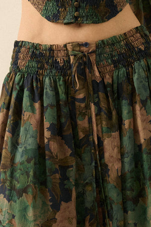 Floral-Print Drawstring Button-Front Maxi Skirt