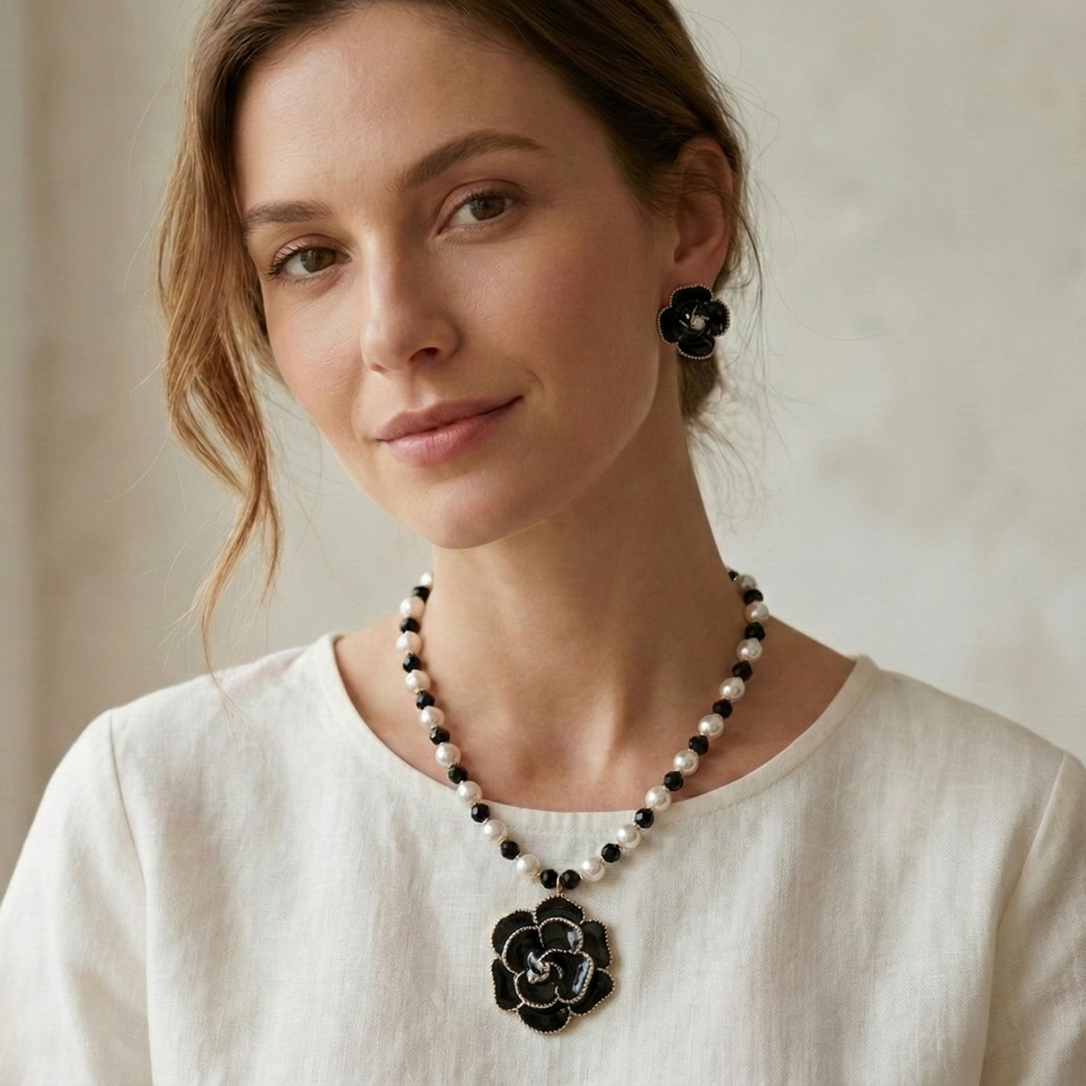 Coastal Camellia Flower Pearl Necklace | Boho Vintage