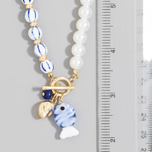 Blue Stripe Pearl Toggle Fish Pendant Necklace