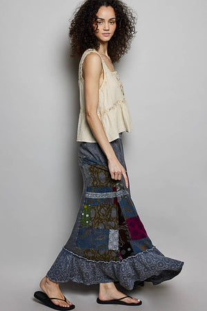 Print Patch Vintage Washing Ruffle Long Skirt
