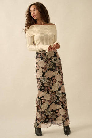 Floral-Print Mesh Fitted Maxi Skirt