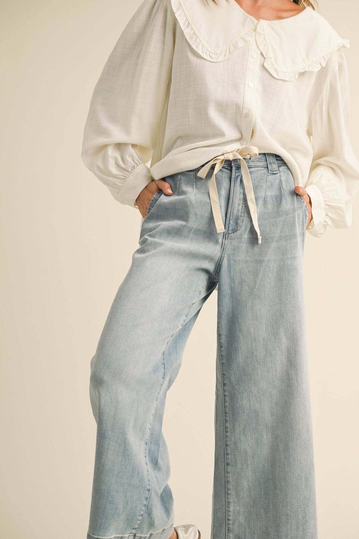 Washed Denim Tie-Front Pants